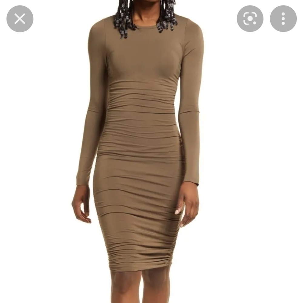 Good American Slinky Ruched Long Sleeve Midi dress Olive Green M Medium
